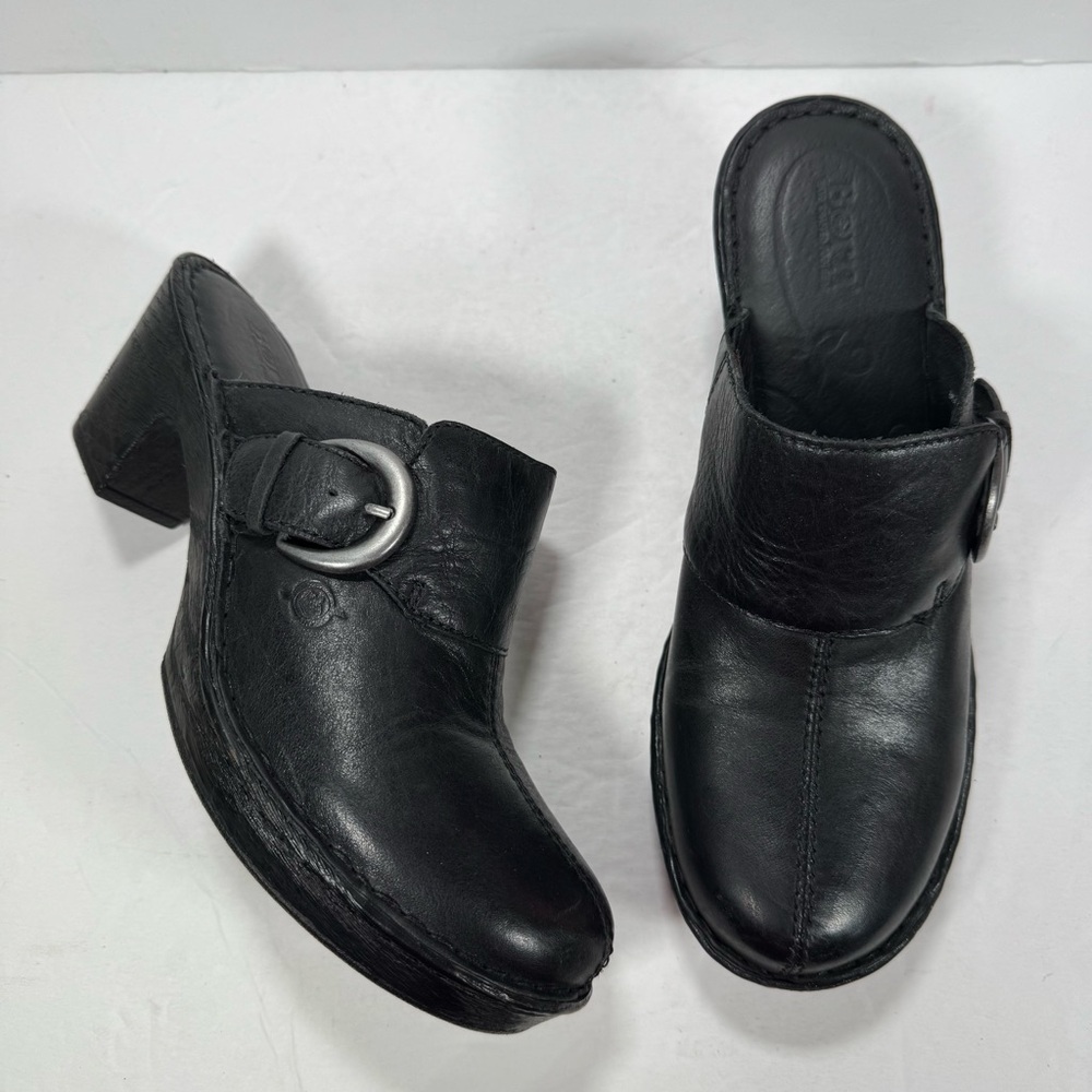 Born Black Leather Buckle Mules